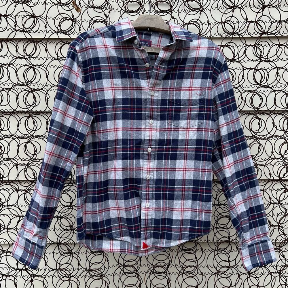 Untuckit slim fit red blue gray plaid flannel long sleeve button down shirt